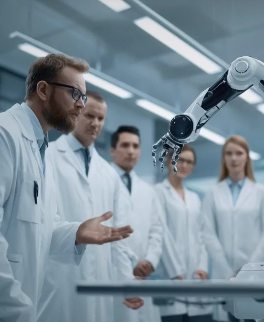 Scientist with a robotic arm